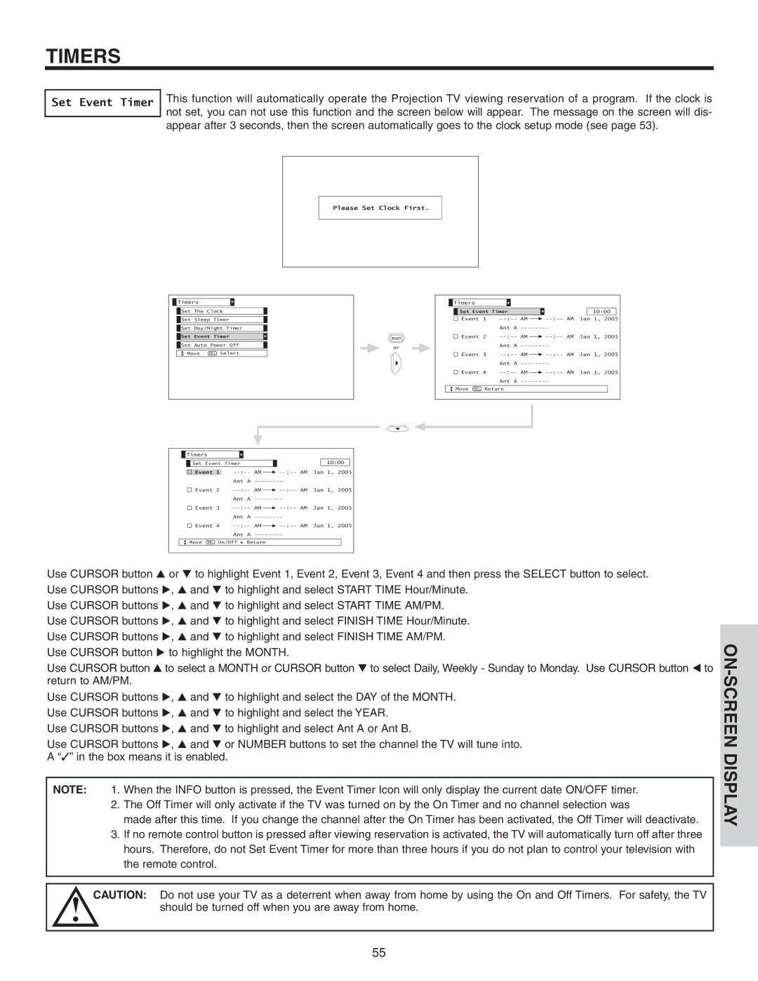 Hitachi 42V52 important safety instructions Set Event Timer, Please Set Clock First 