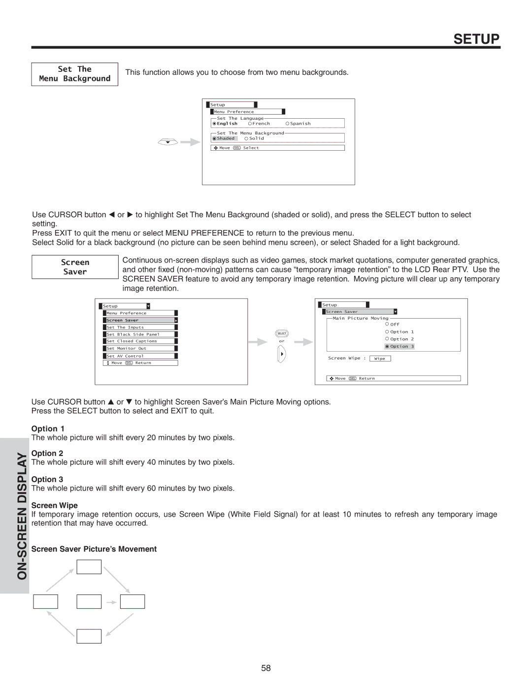 Hitachi 42V52 important safety instructions Set Menu Background, Option, Screen Wipe, Screen Saver Picture’s Movement 