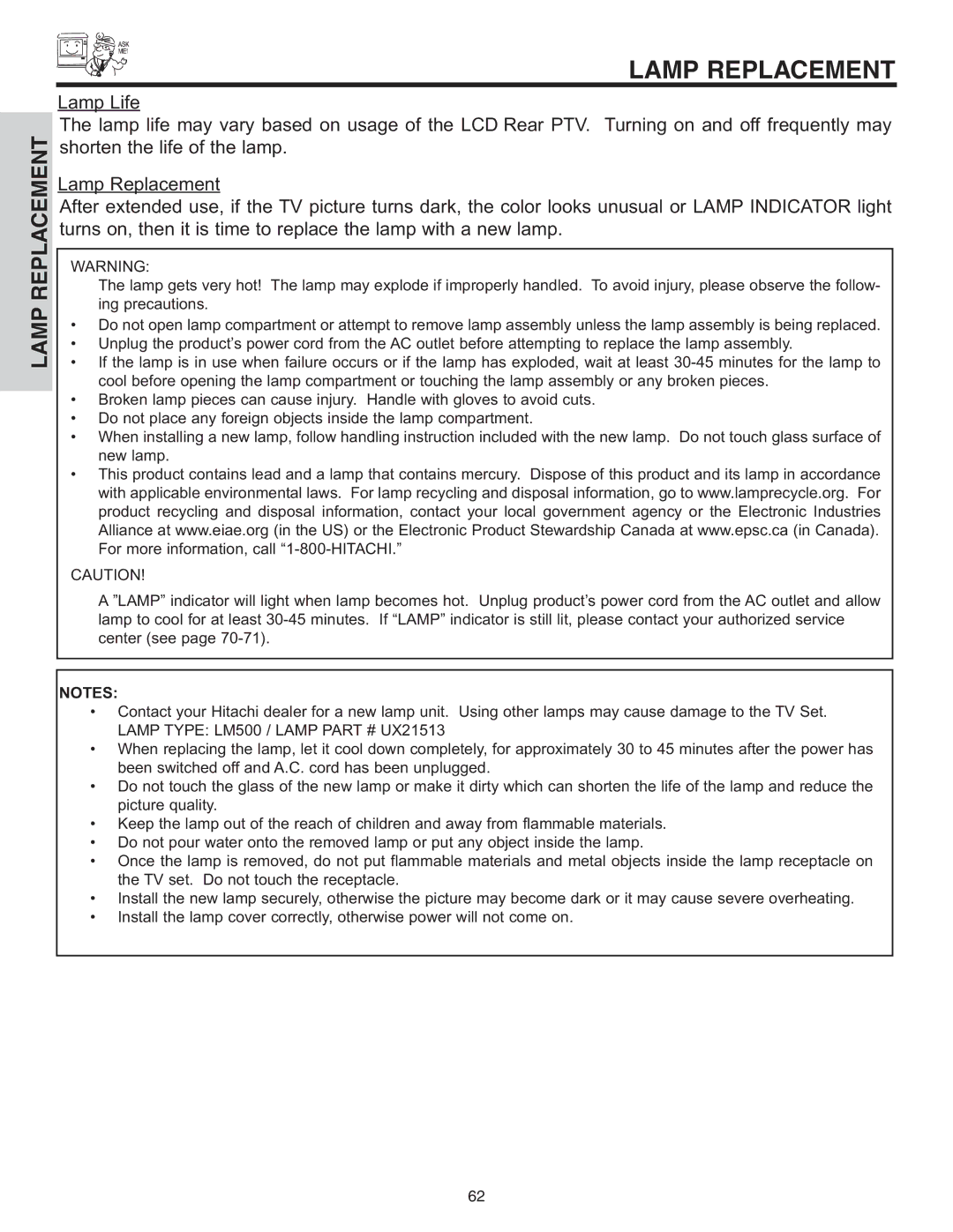 Hitachi 42V52 important safety instructions Lamp Replacement 