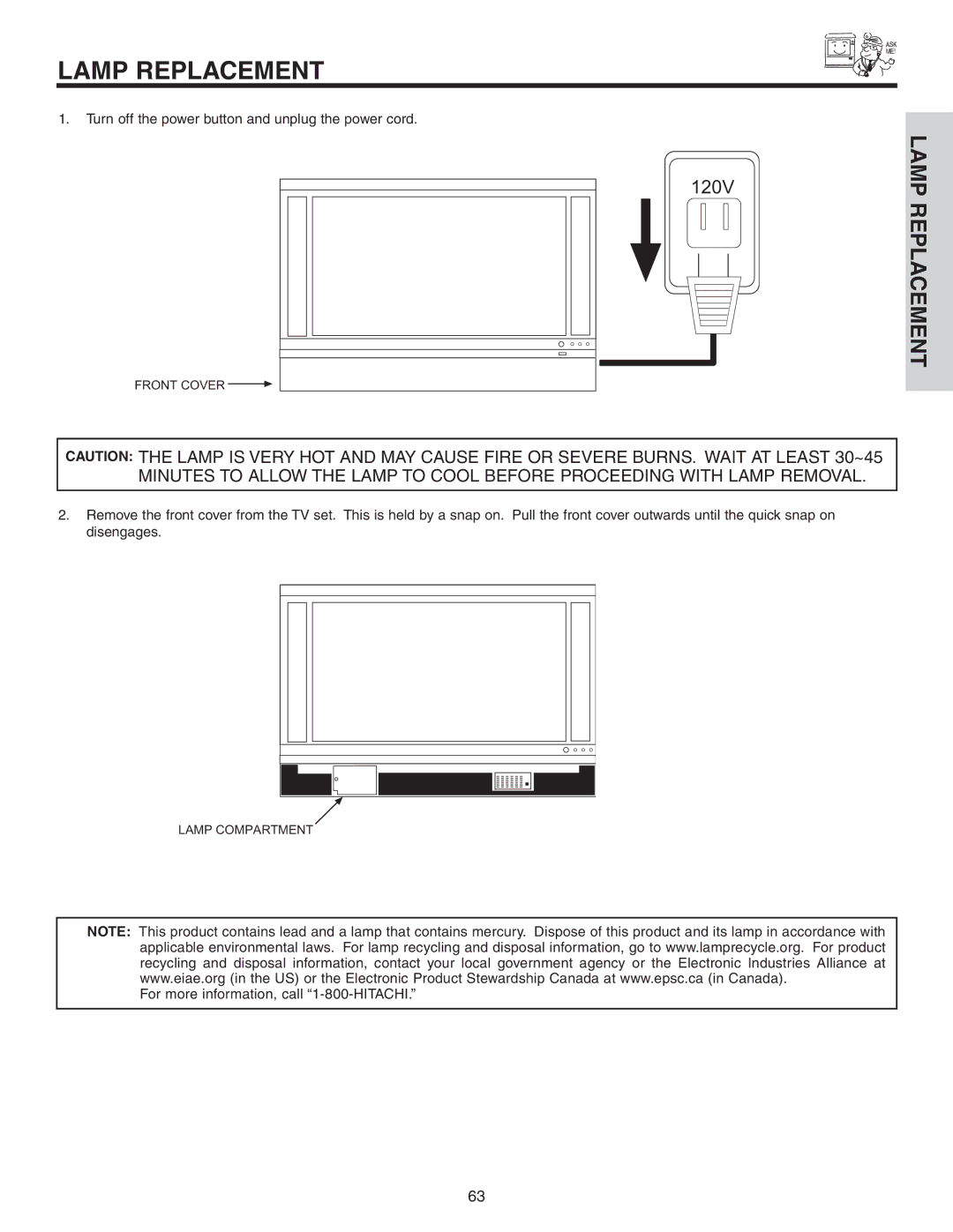 Hitachi 42V52 important safety instructions 120V 