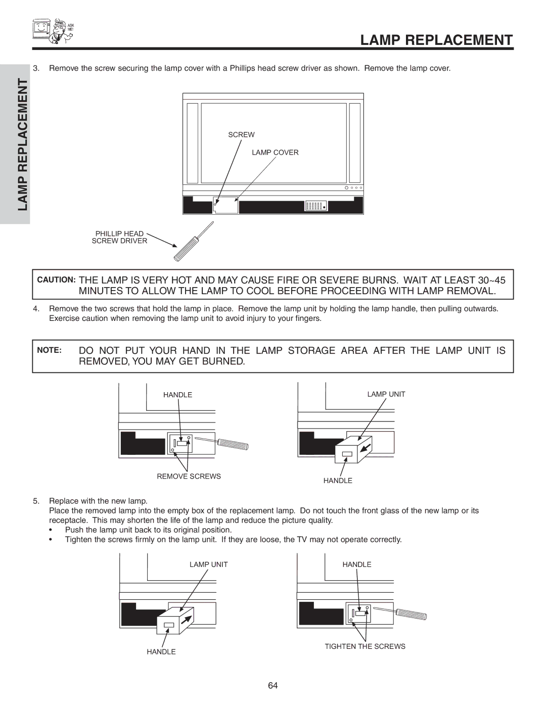 Hitachi 42V52 important safety instructions Screw Lamp Cover Phillip Head Screw Driver 