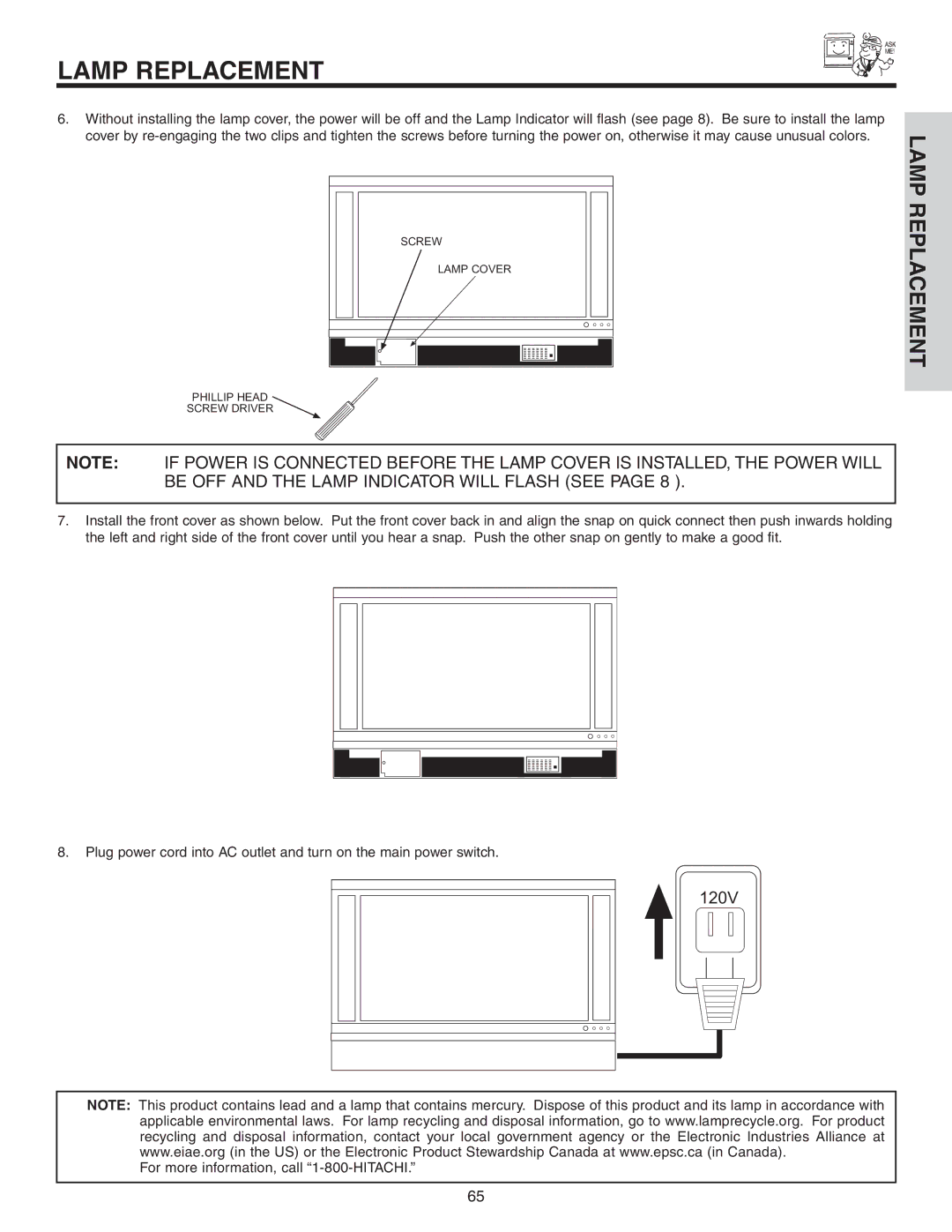 Hitachi 42V52 important safety instructions 120V 