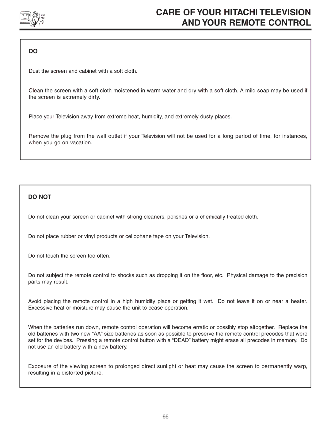 Hitachi 42V52 important safety instructions Care of Your Hitachi Television Your Remote Control, Do not 