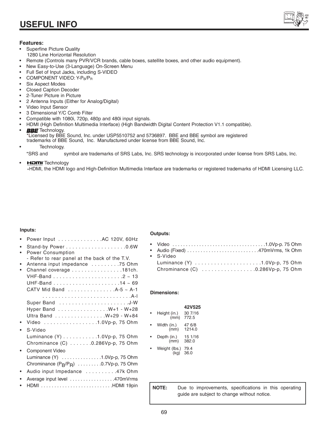 Hitachi important safety instructions Inputs, Outputs, Dimensions 42V525 