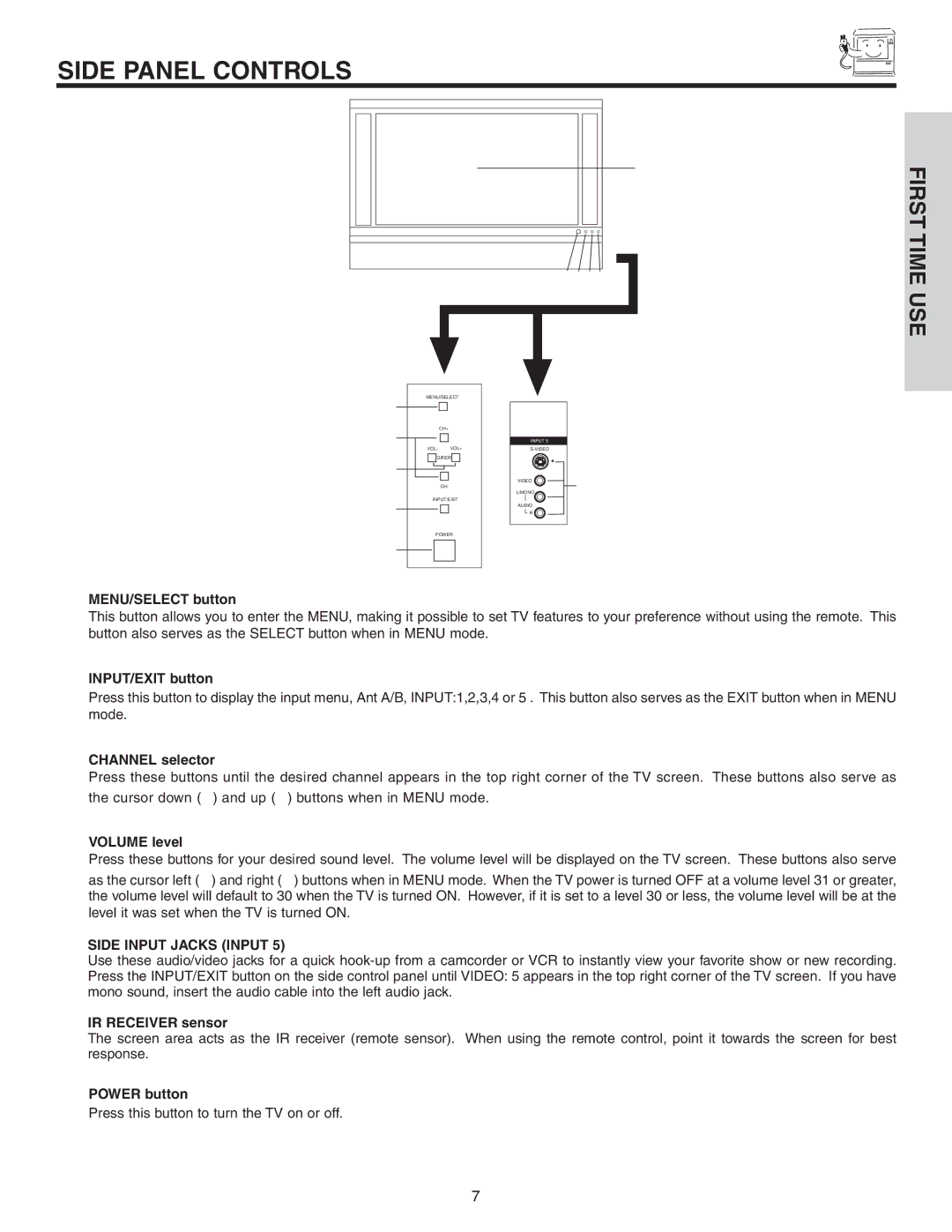 Hitachi 42V52 important safety instructions Side Panel Controls, Side Input Jacks Input 