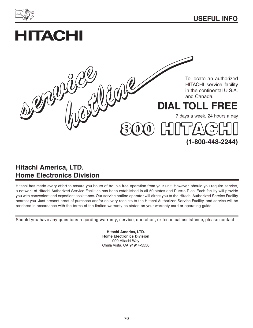 Hitachi 42V52 important safety instructions Dial Toll Free, Home Electronics Division 