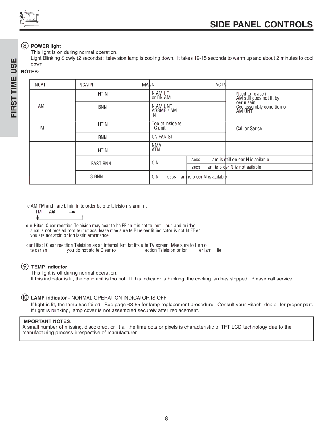 Hitachi 42V52 important safety instructions Power light, Temp indicator 