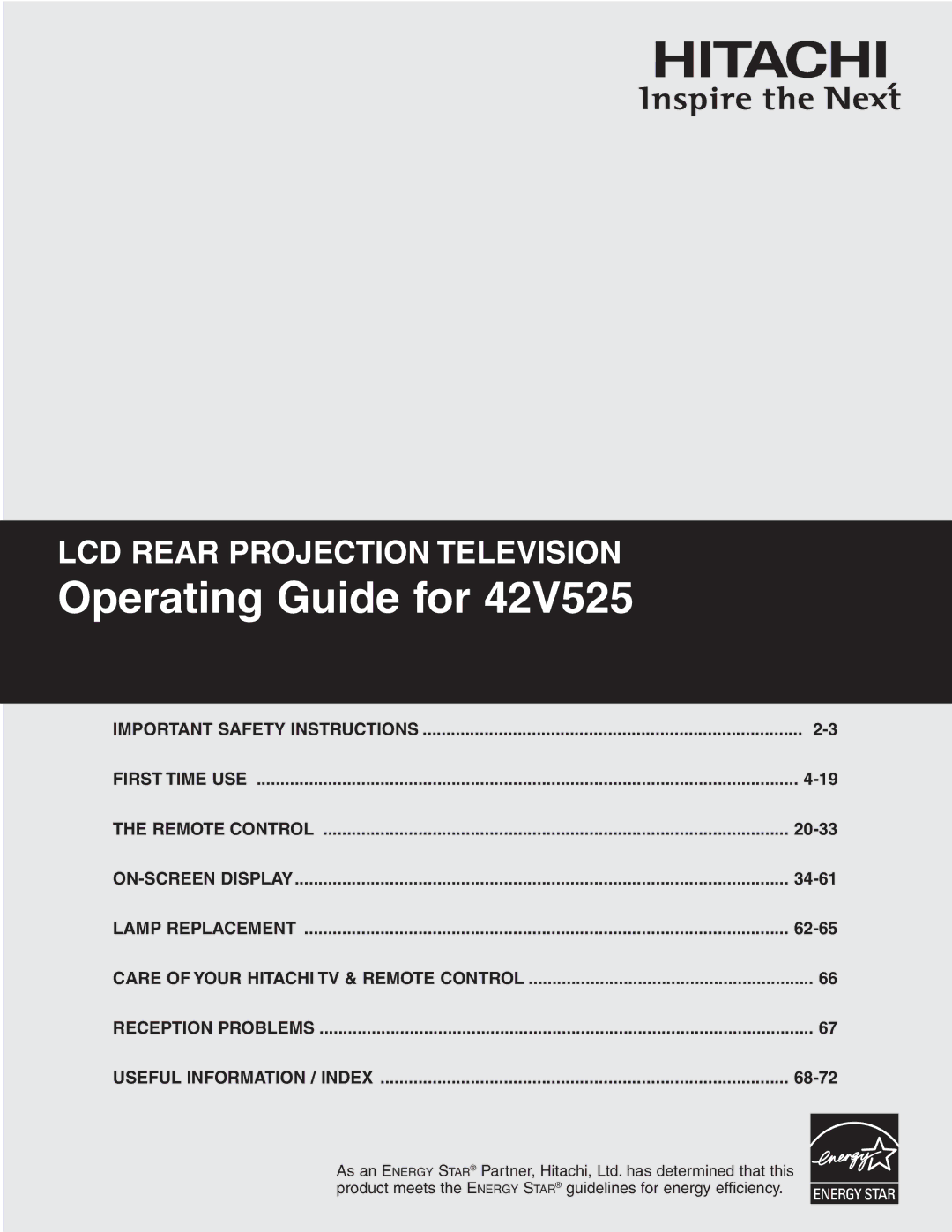 Hitachi 42V525 important safety instructions Operating Guide for 