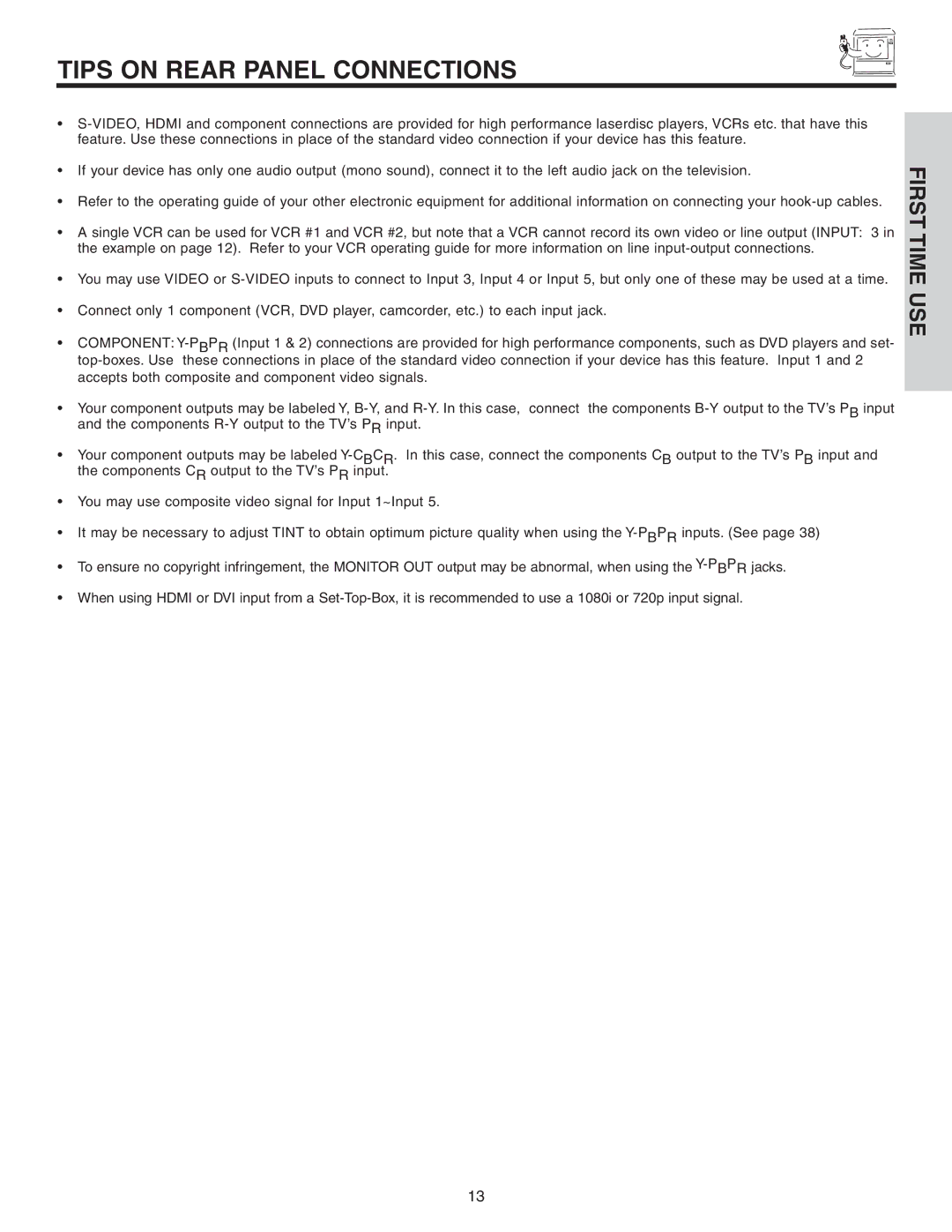 Hitachi 42V525 important safety instructions Tips on Rear Panel Connections 