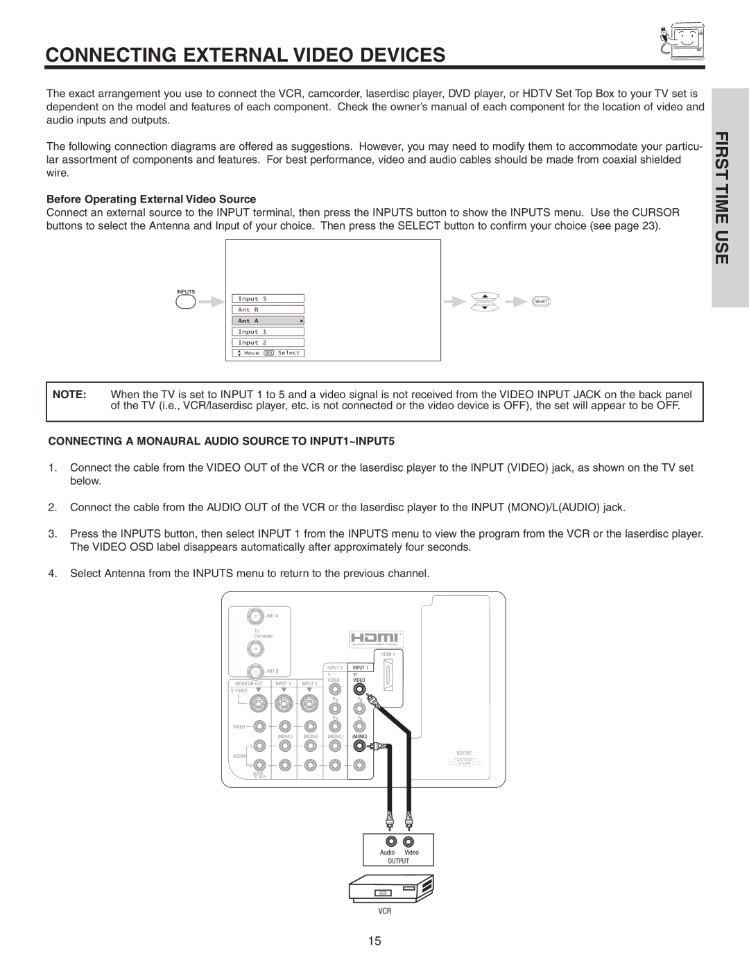 Hitachi 42V525 important safety instructions Connecting External Video Devices, Before Operating External Video Source 