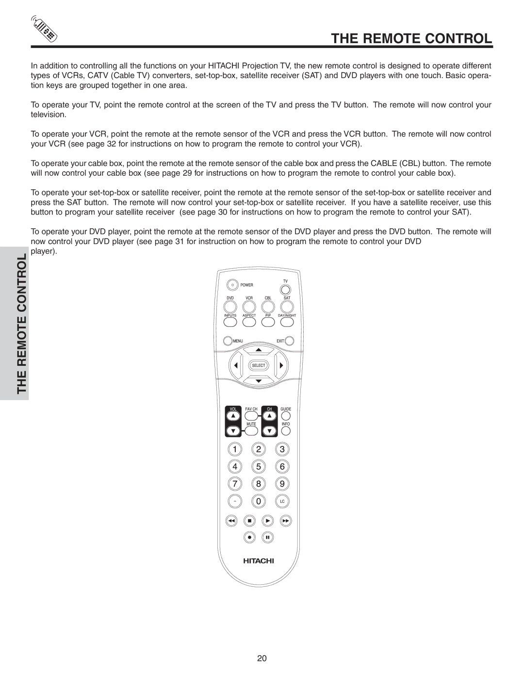 Hitachi 42V525 important safety instructions Remote Control 