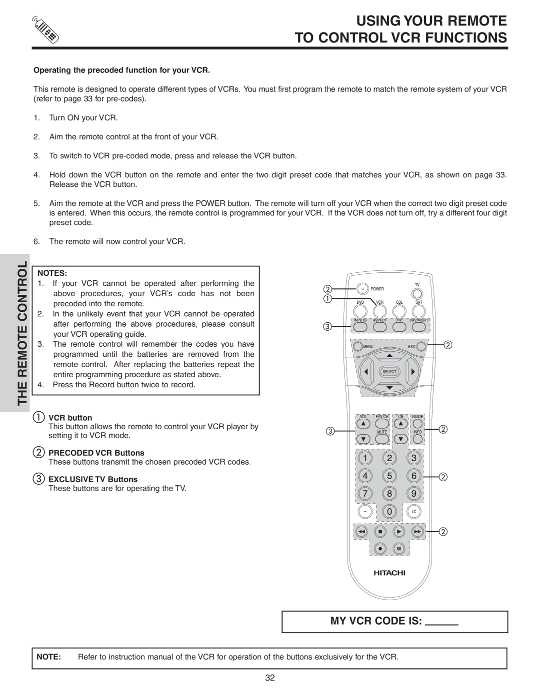 Hitachi 42V525 Using Your Remote To Control VCR Functions, Operating the precoded function for your VCR, VCR button 