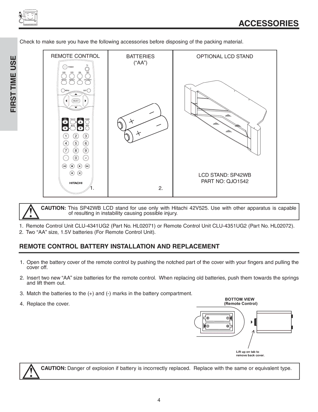 Hitachi 42V525 important safety instructions Accessories, First Time USE 