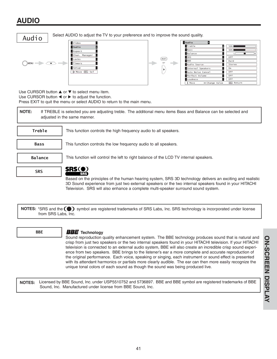 Hitachi 42V525 important safety instructions Audio, Treble Bass Balance, Technology 