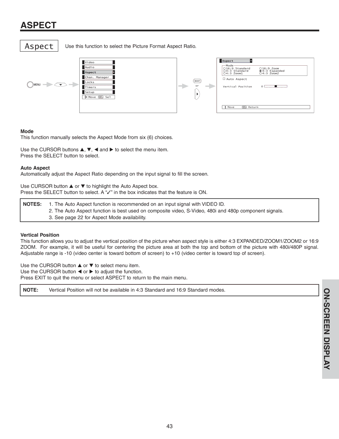 Hitachi 42V525 important safety instructions Mode, Auto Aspect, Vertical Position 