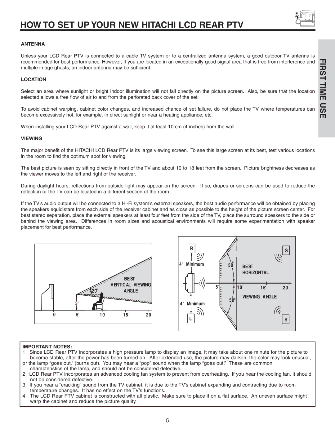 Hitachi 42V525 important safety instructions HOW to SET UP Your NEW Hitachi LCD Rear PTV 