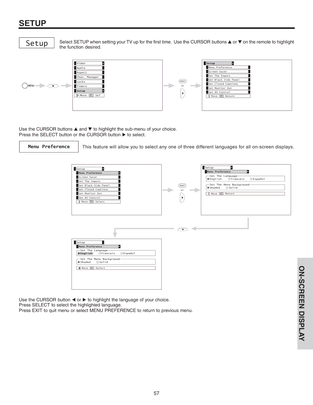 Hitachi 42V525 important safety instructions Setup, Menu Preference 