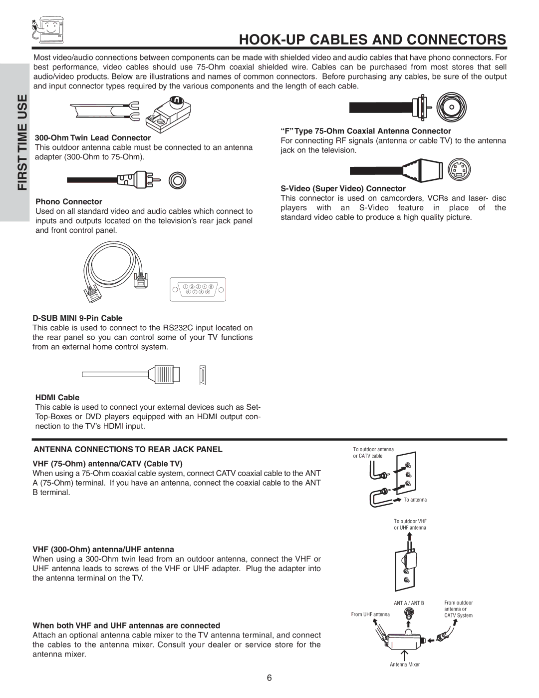 Hitachi 42V525 important safety instructions HOOK-UP Cables and Connectors, Antenna Connections to Rear Jack Panel 