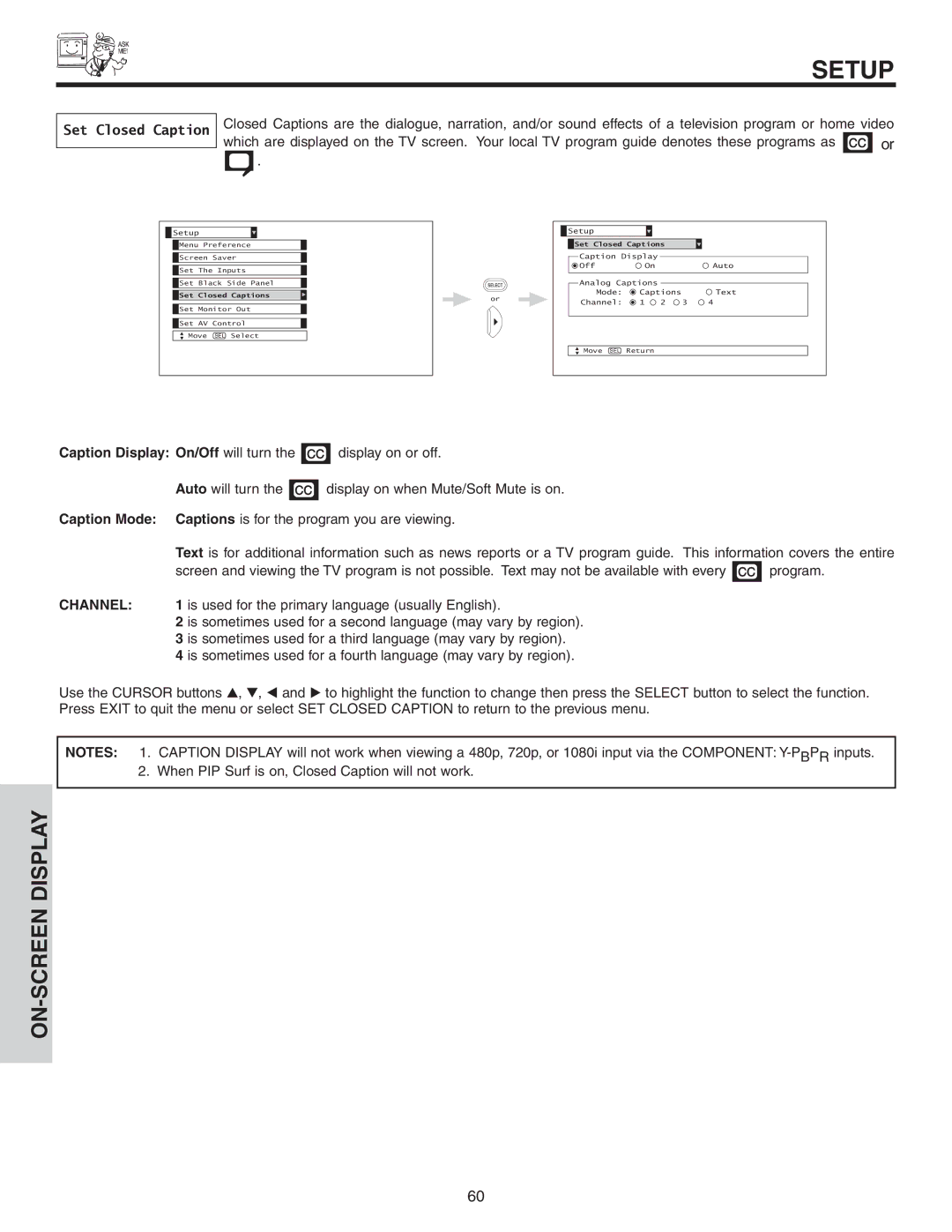 Hitachi 42V525 important safety instructions Set Closed Caption, Caption Mode, Channel 