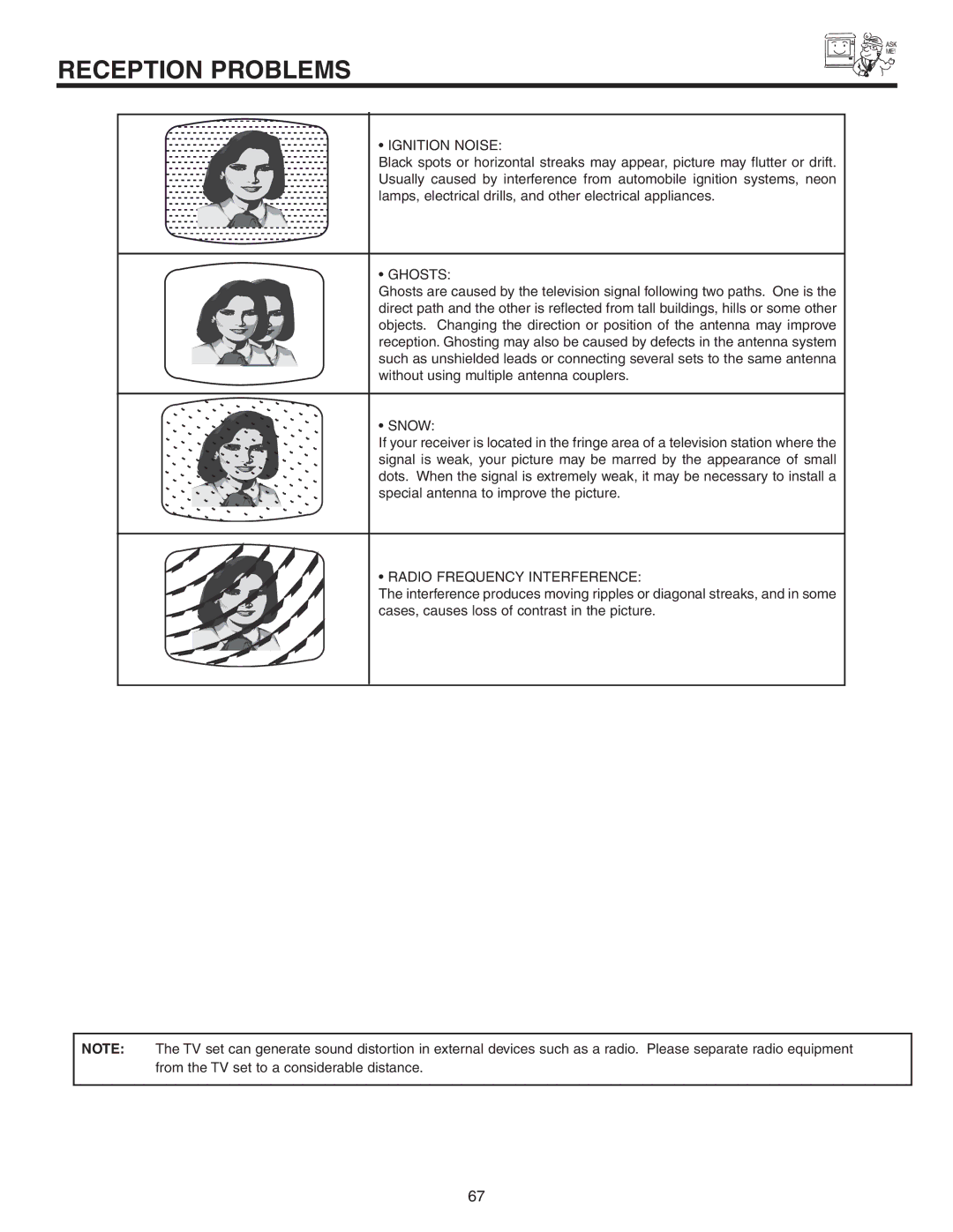 Hitachi 42V525 important safety instructions Reception Problems, Ignition Noise 