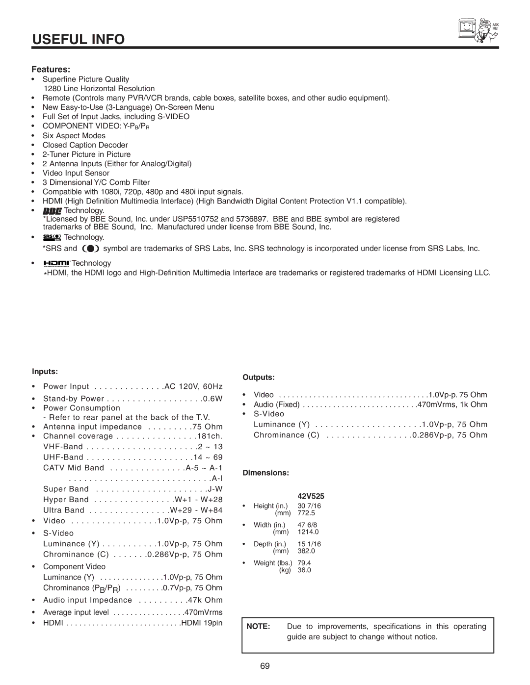 Hitachi important safety instructions Inputs, Outputs, Dimensions 42V525 