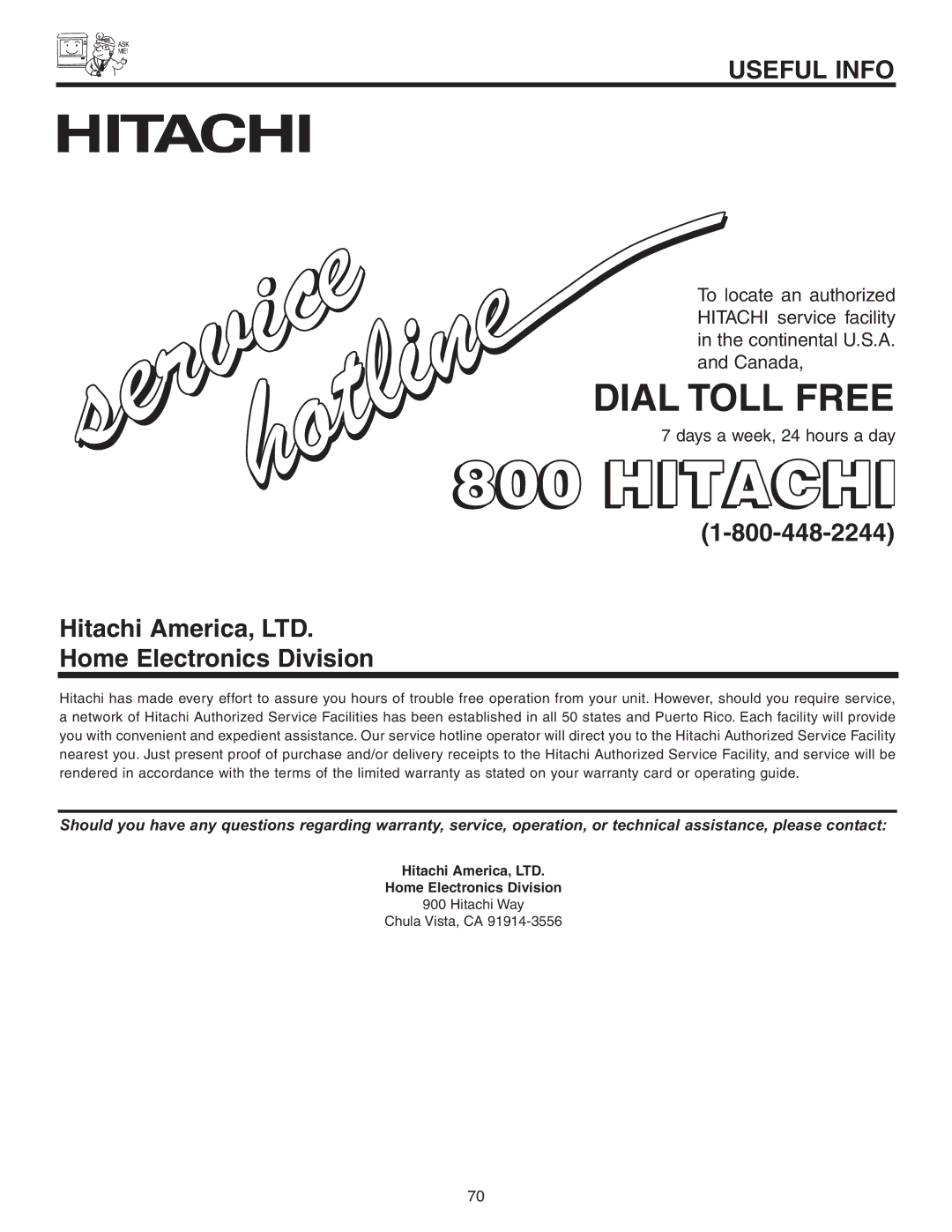 Hitachi 42V525 important safety instructions Dial Toll Free, Home Electronics Division 