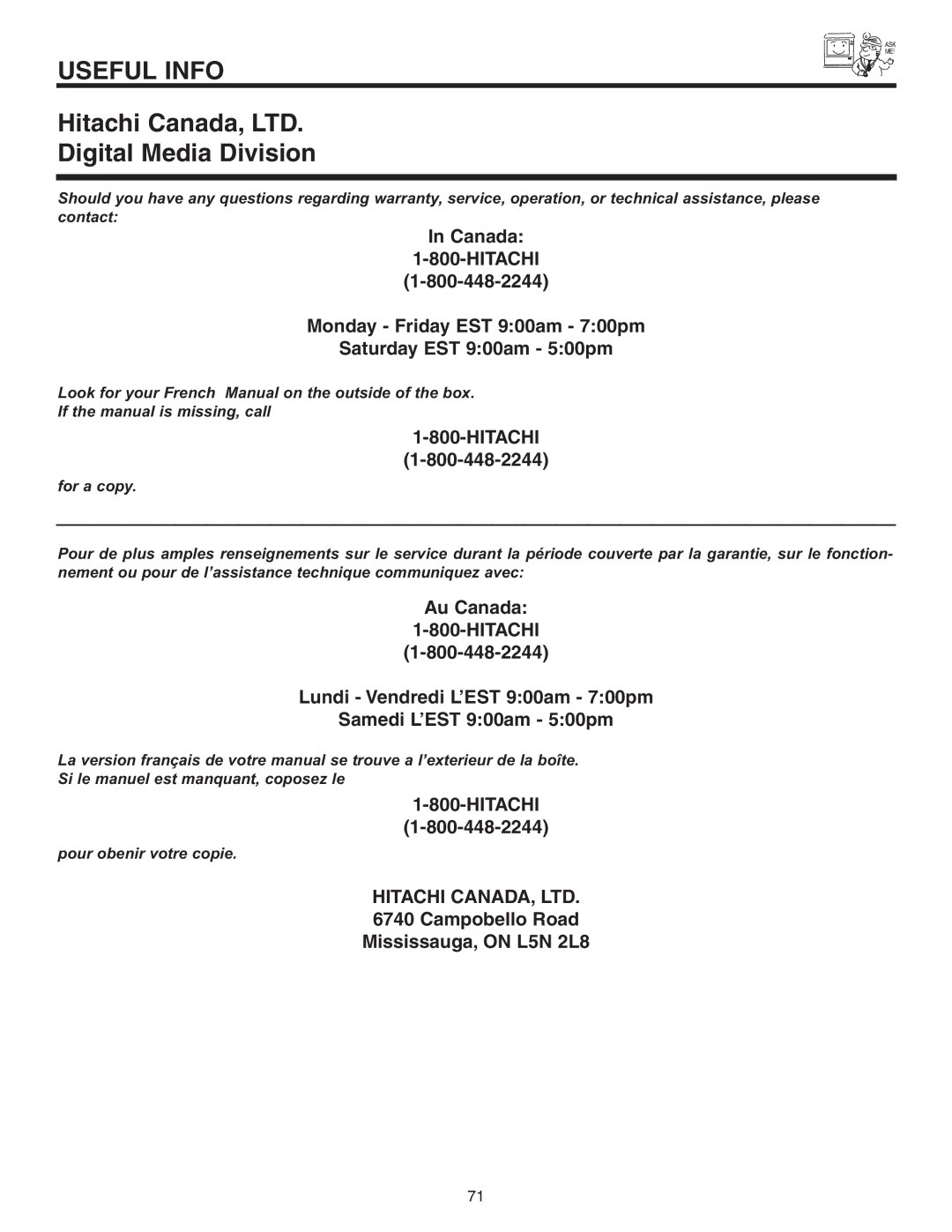 Hitachi 42V525 important safety instructions Digital Media Division 