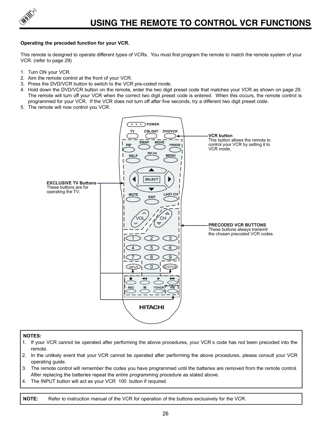 Hitachi 43GX10B, 50DX10B, 50GX30B, 60DX10B important safety instructions Using the Remote to Control VCR Functions 