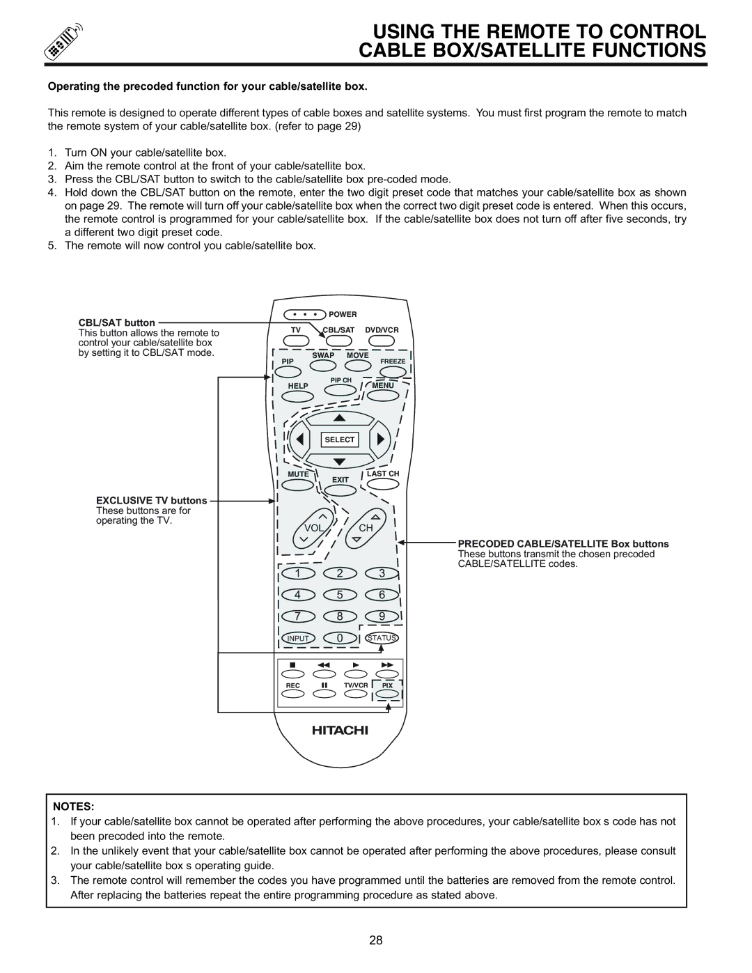 Hitachi 43GX10B, 50DX10B, 50GX30B, 60DX10B Using the Remote to Control Cable BOX/SATELLITE Functions 