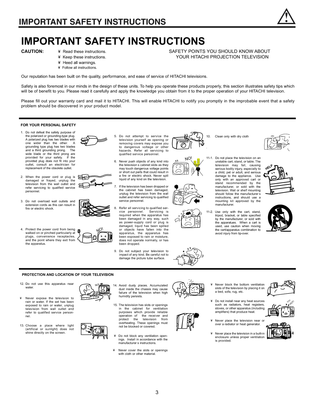 Hitachi 43GX10B, 50DX10B, 50GX30B, 60DX10B important safety instructions Important Safety Instructions 