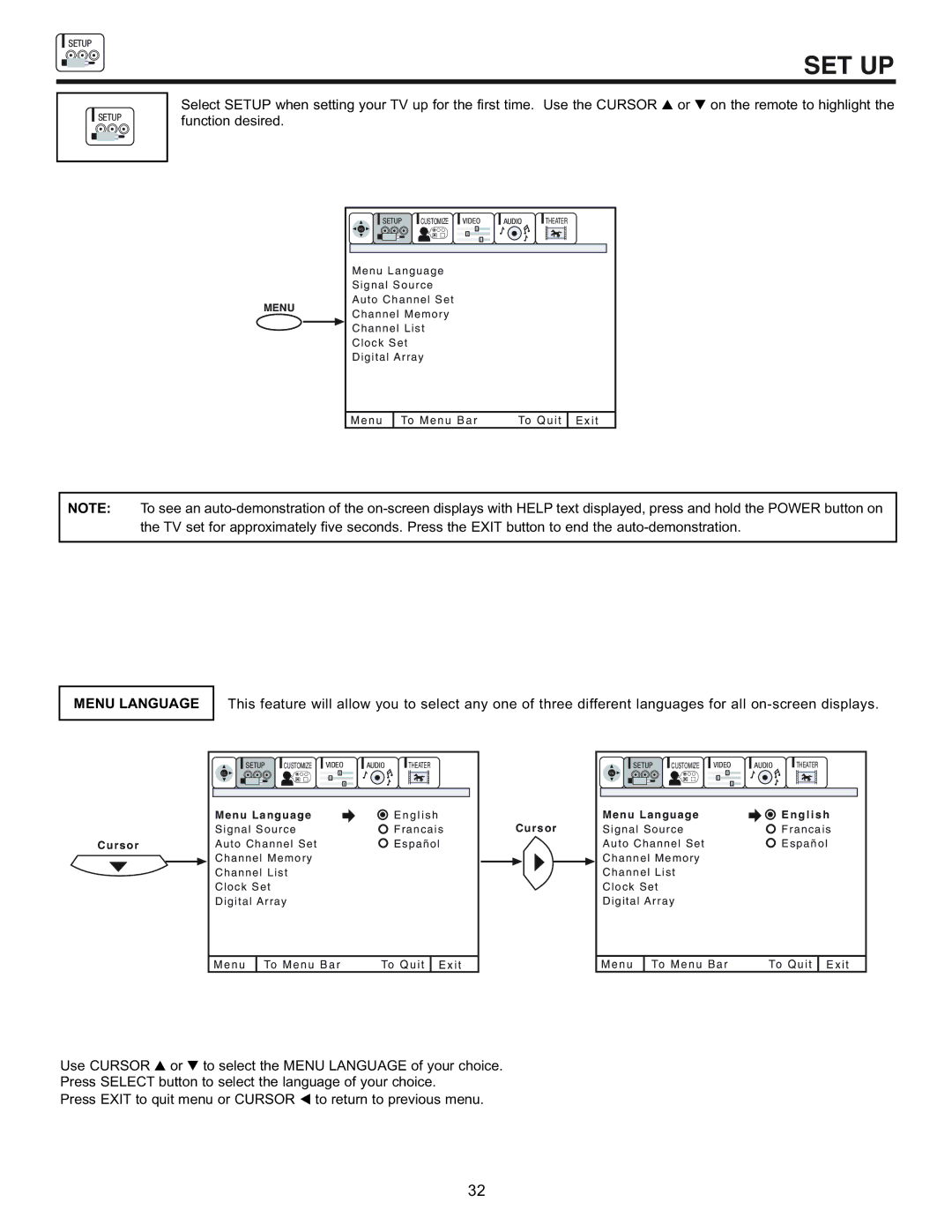 Hitachi 43GX10B, 50DX10B, 50GX30B, 60DX10B important safety instructions Set Up, Menu Language 