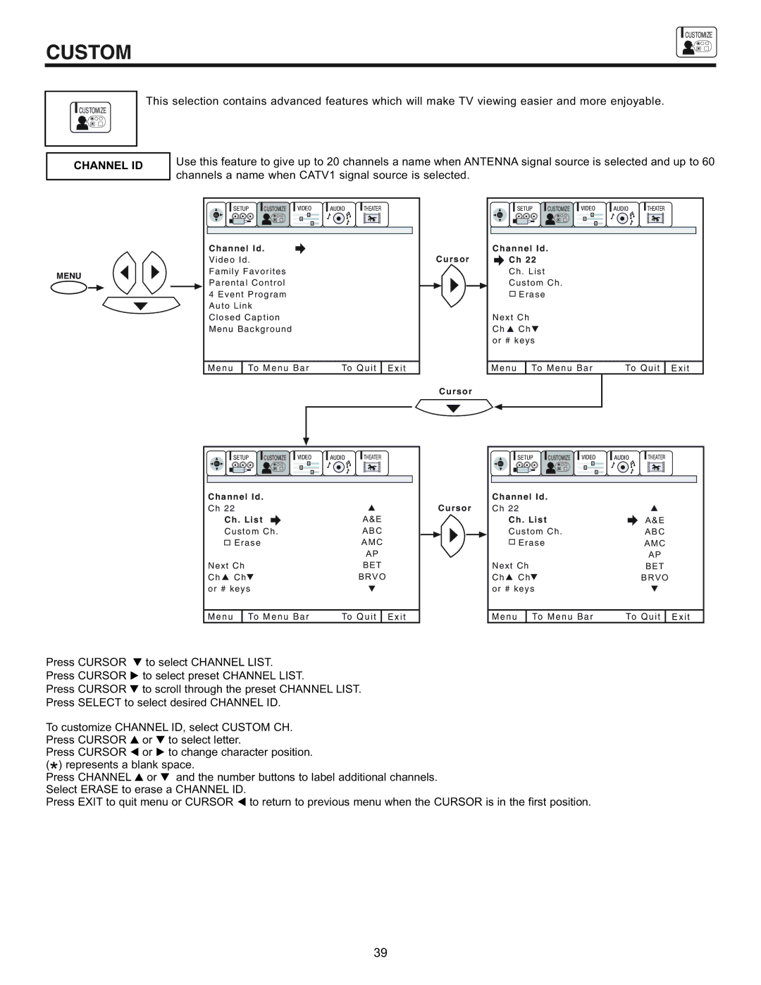 Hitachi 43GX10B, 50DX10B, 50GX30B, 60DX10B important safety instructions Custom, Channel ID 