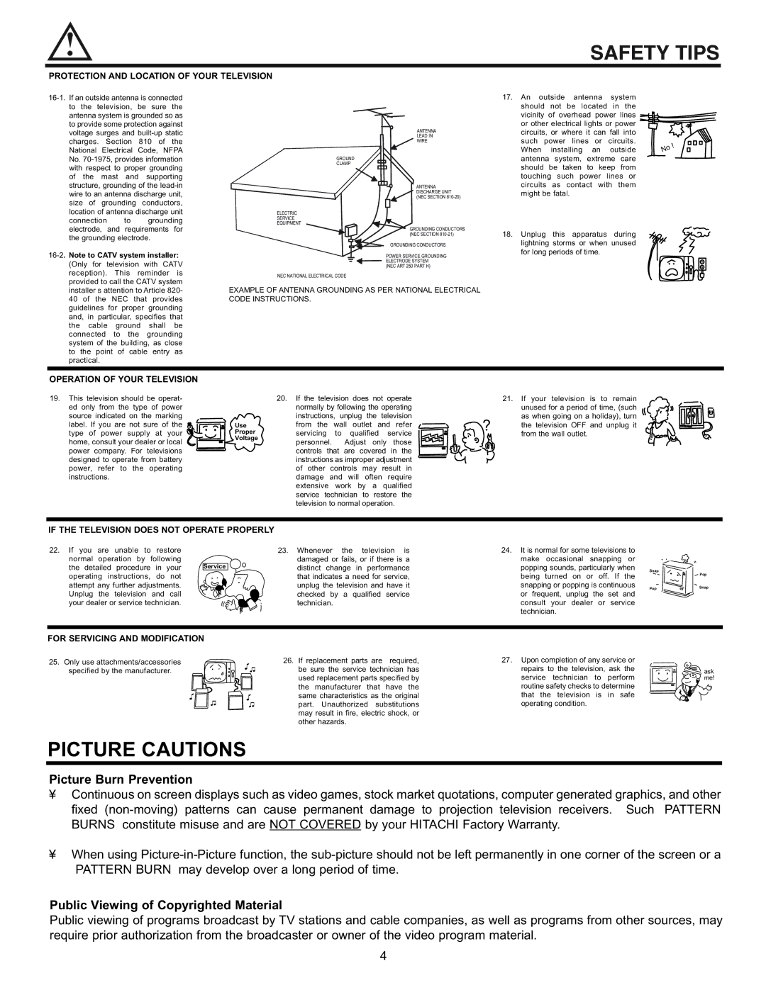 Hitachi 43GX10B, 50DX10B, 50GX30B, 60DX10B important safety instructions Safety Tips, Operation of Your Television 