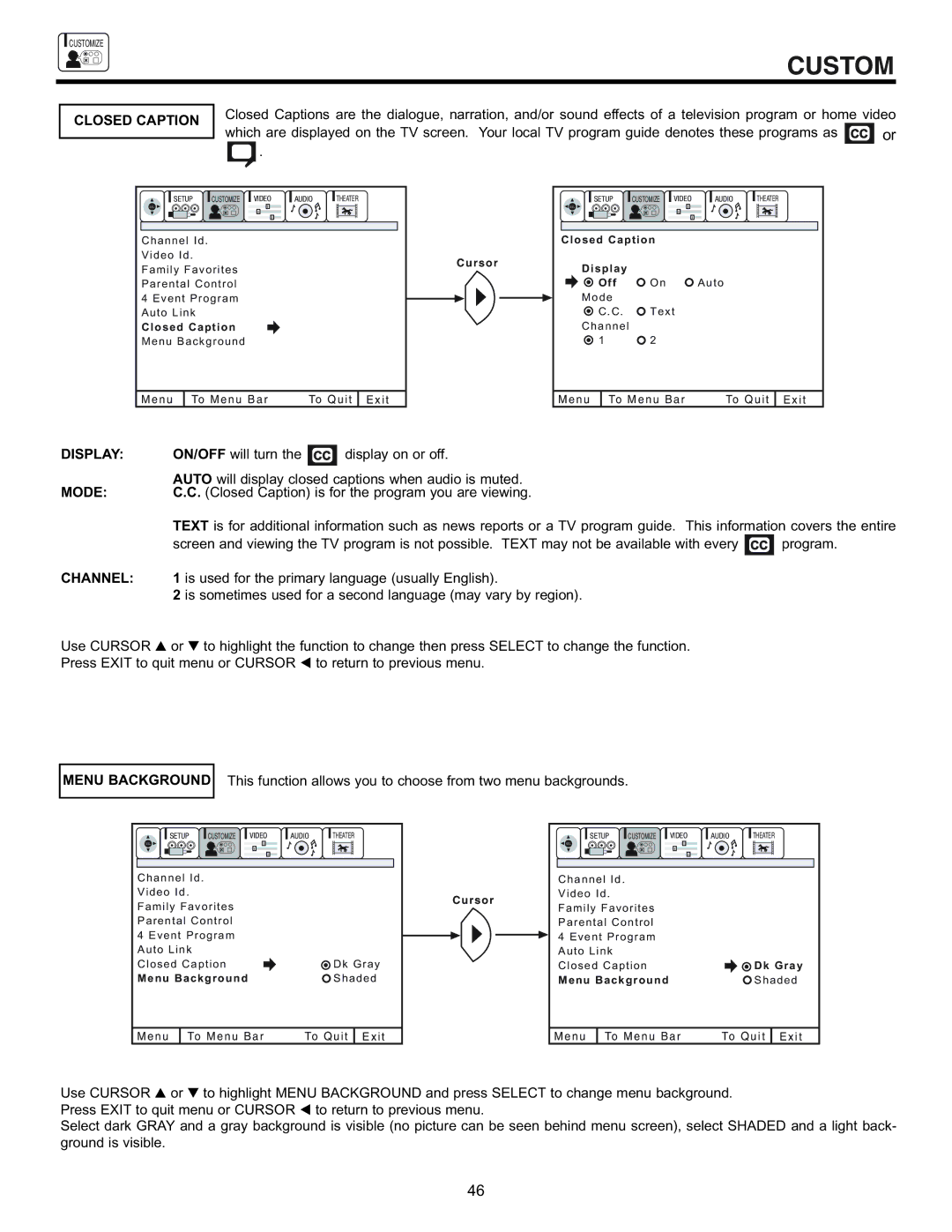 Hitachi 43GX10B, 50DX10B, 50GX30B, 60DX10B Closed Caption, Display, Mode, Channel, Menu Background 
