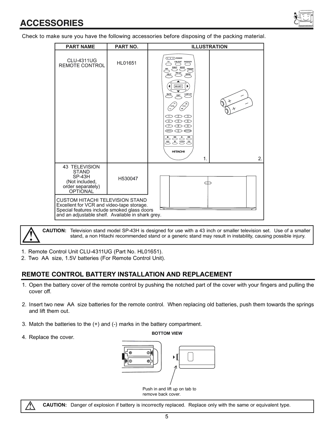 Hitachi 43GX10B, 50DX10B, 50GX30B, 60DX10B Accessories, Part Name Illustration, Remote Control 