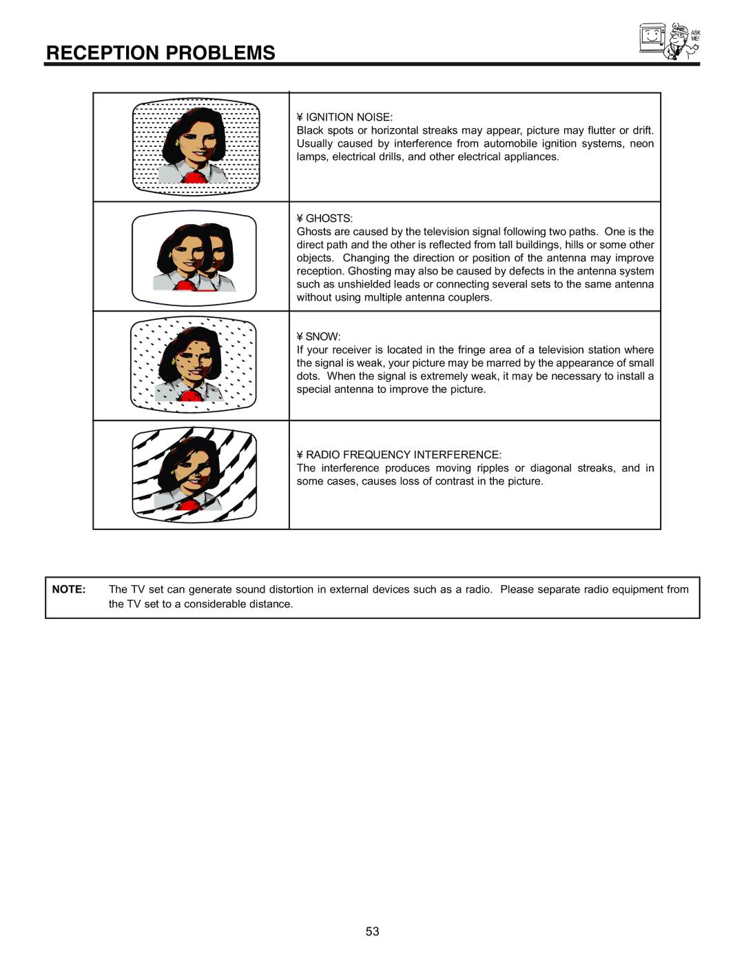 Hitachi 43GX10B, 50DX10B, 50GX30B, 60DX10B important safety instructions Reception Problems, ¥ Ignition Noise 