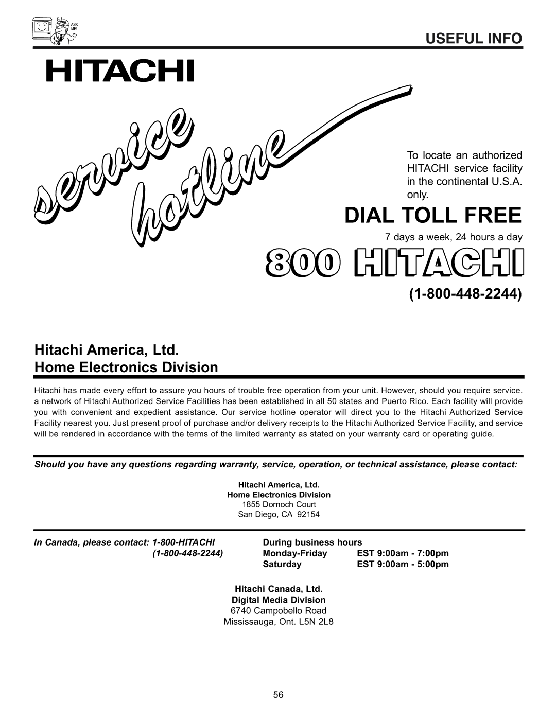 Hitachi 43GX10B, 50DX10B, 50GX30B, 60DX10B important safety instructions Hitachi, Home Electronics Division 