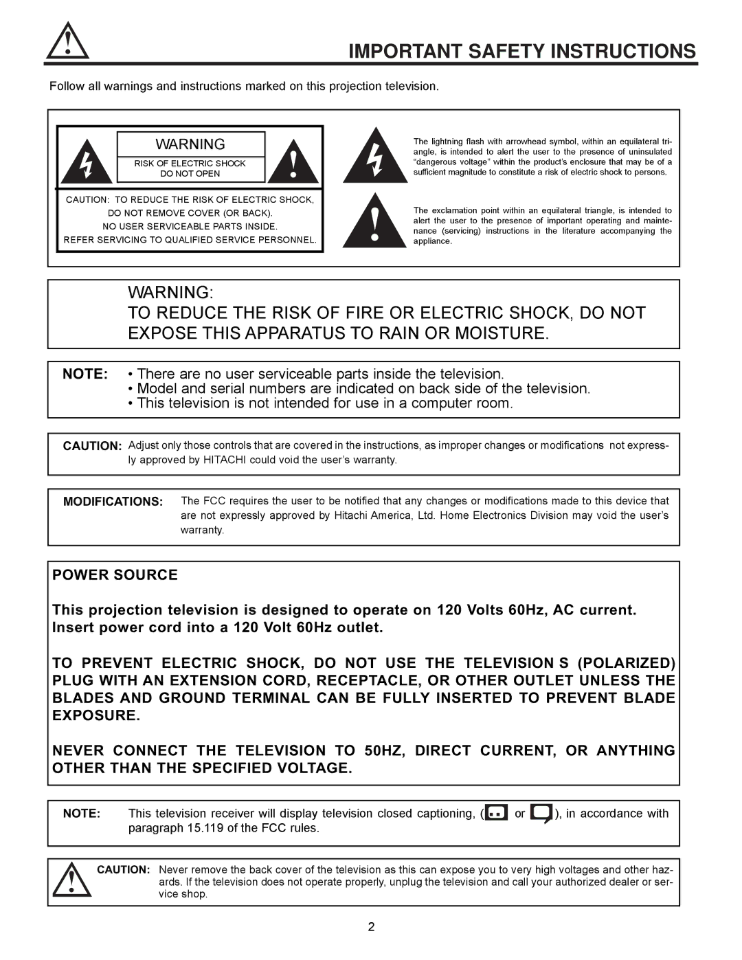 Hitachi 60DX10B, 43GX10B, 50GX30B, 50DX10B Important Safety Instructions, Refer Servicing to Qualified Service Personnel 