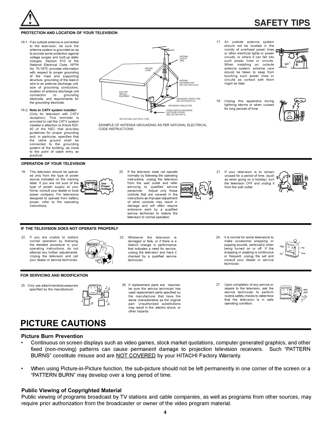 Hitachi 43GX10B, 50GX30B, 60DX10B, 50DX10B important safety instructions Safety Tips, Operation of Your Television 