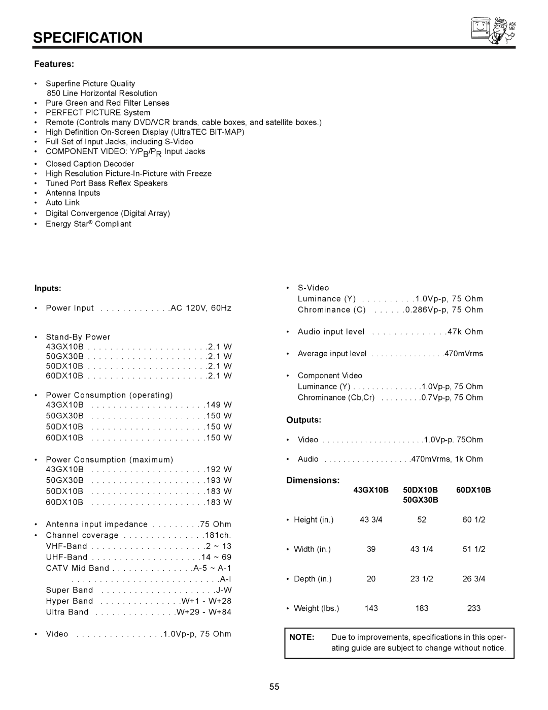 Hitachi important safety instructions Specification, Inputs, Outputs, 43GX10B 50DX10B 60DX10B 50GX30B 