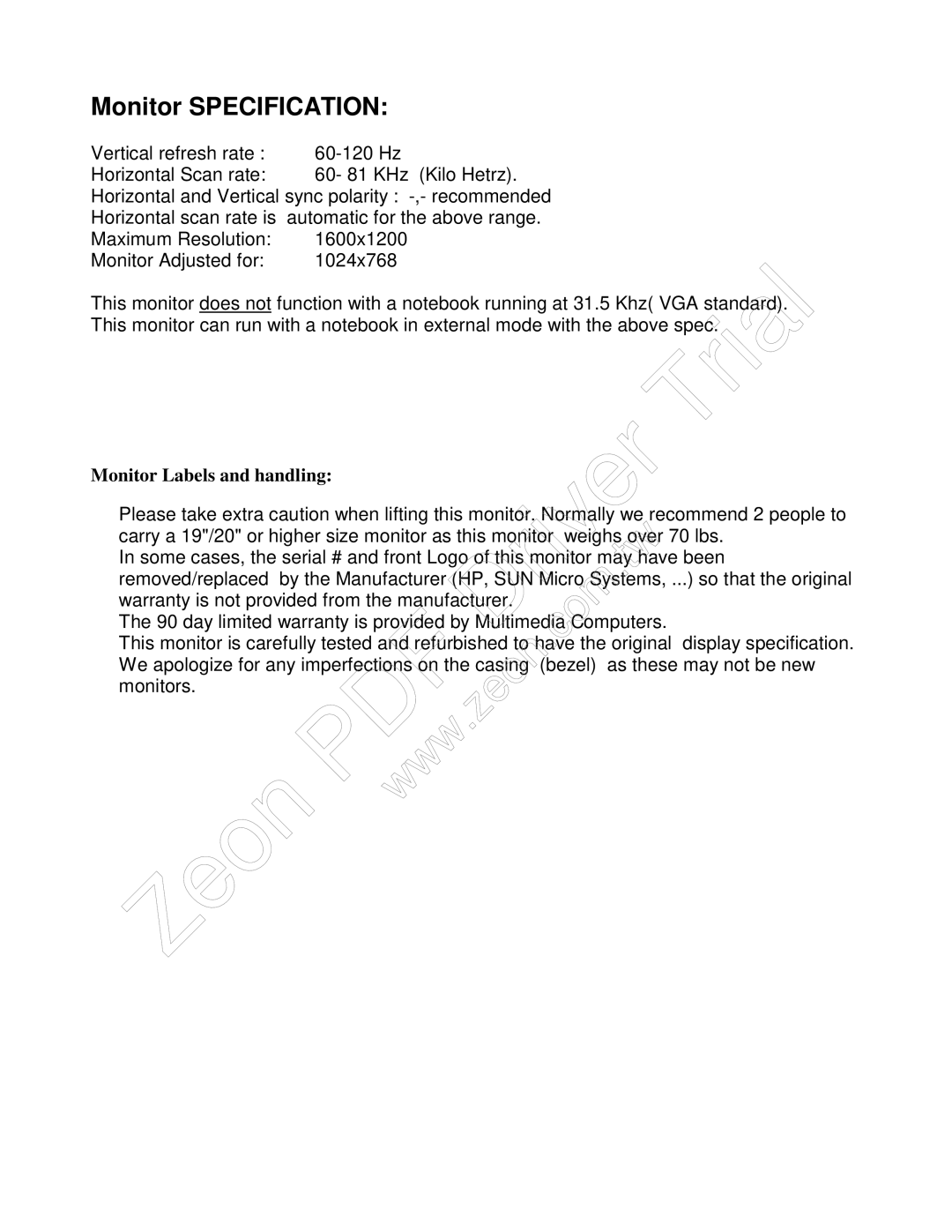 Hitachi 4420 installation manual Monitor Specification, Monitor Labels and handling 