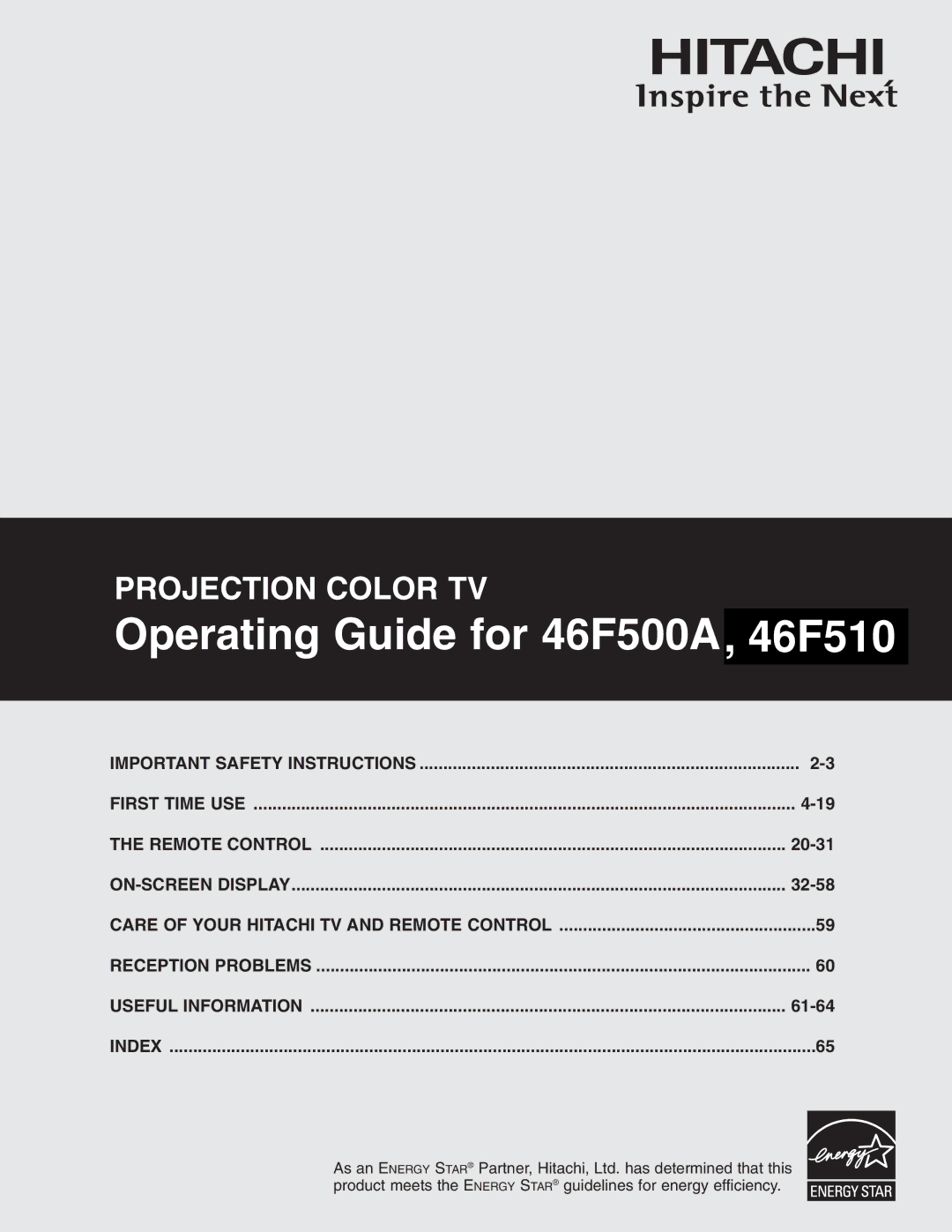 Hitachi important safety instructions Operating Guide for 46F500A, 46F510, Index 