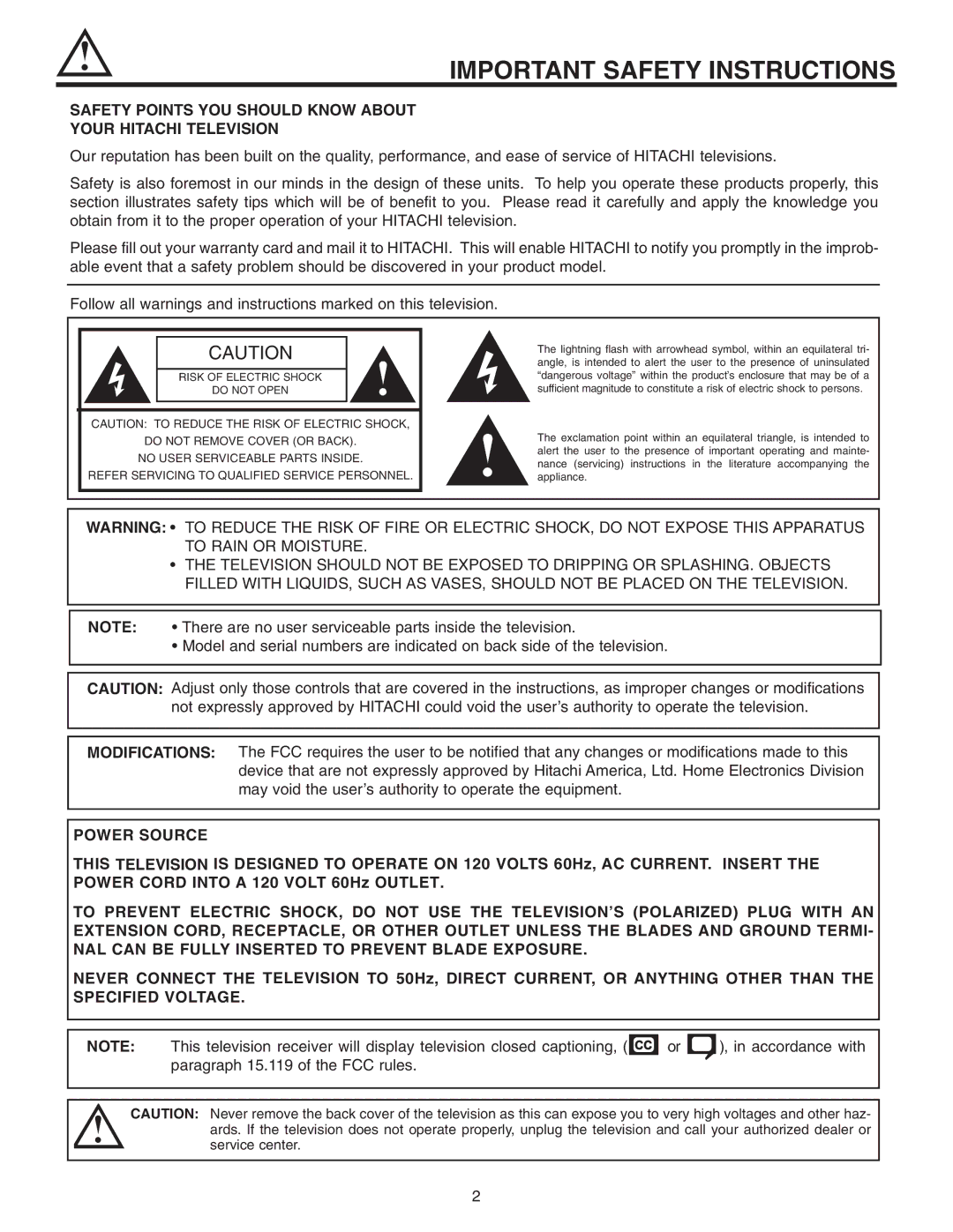 Hitachi 46F510 Important Safety Instructions, Safety Points YOU should Know about Your Hitachi Television 