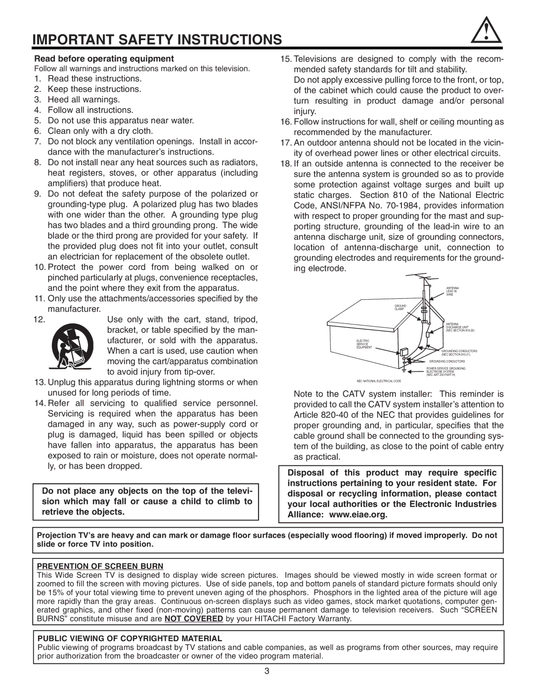 Hitachi 46F510 important safety instructions Prevention of Screen Burn, Public Viewing of Copyrighted Material 