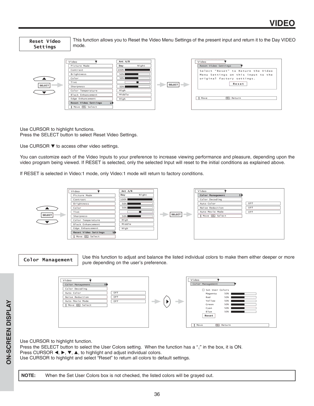 Hitachi 46F510 important safety instructions Reset Video, Settings, Color Management 