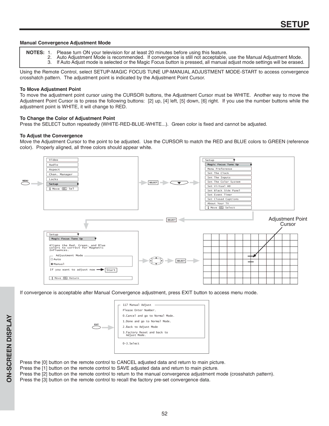 Hitachi 46F510 Manual Convergence Adjustment Mode, To Move Adjustment Point, To Change the Color of Adjustment Point 