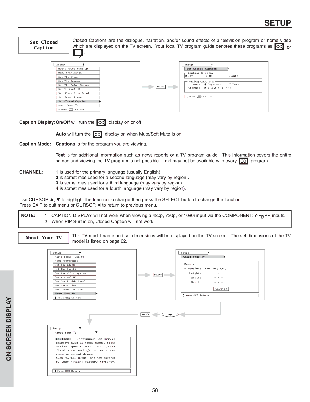 Hitachi 46F510 important safety instructions Set Closed, Caption, Channel, About Your TV 