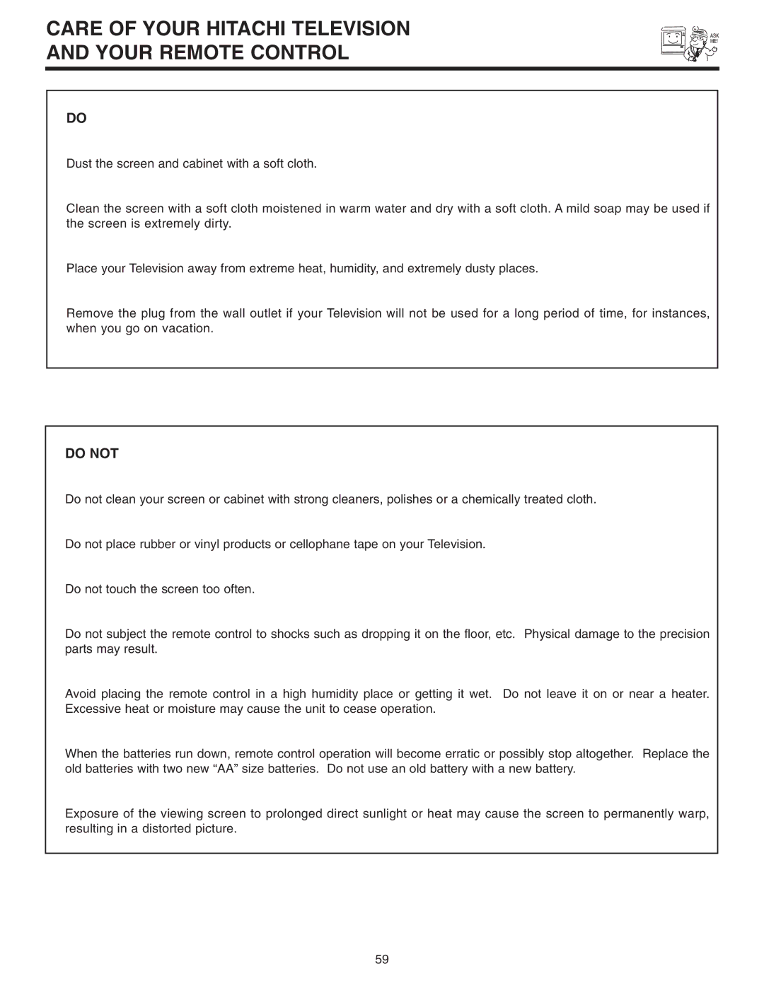 Hitachi 46F510 important safety instructions Care of Your Hitachi Television Your Remote Control, Do not 