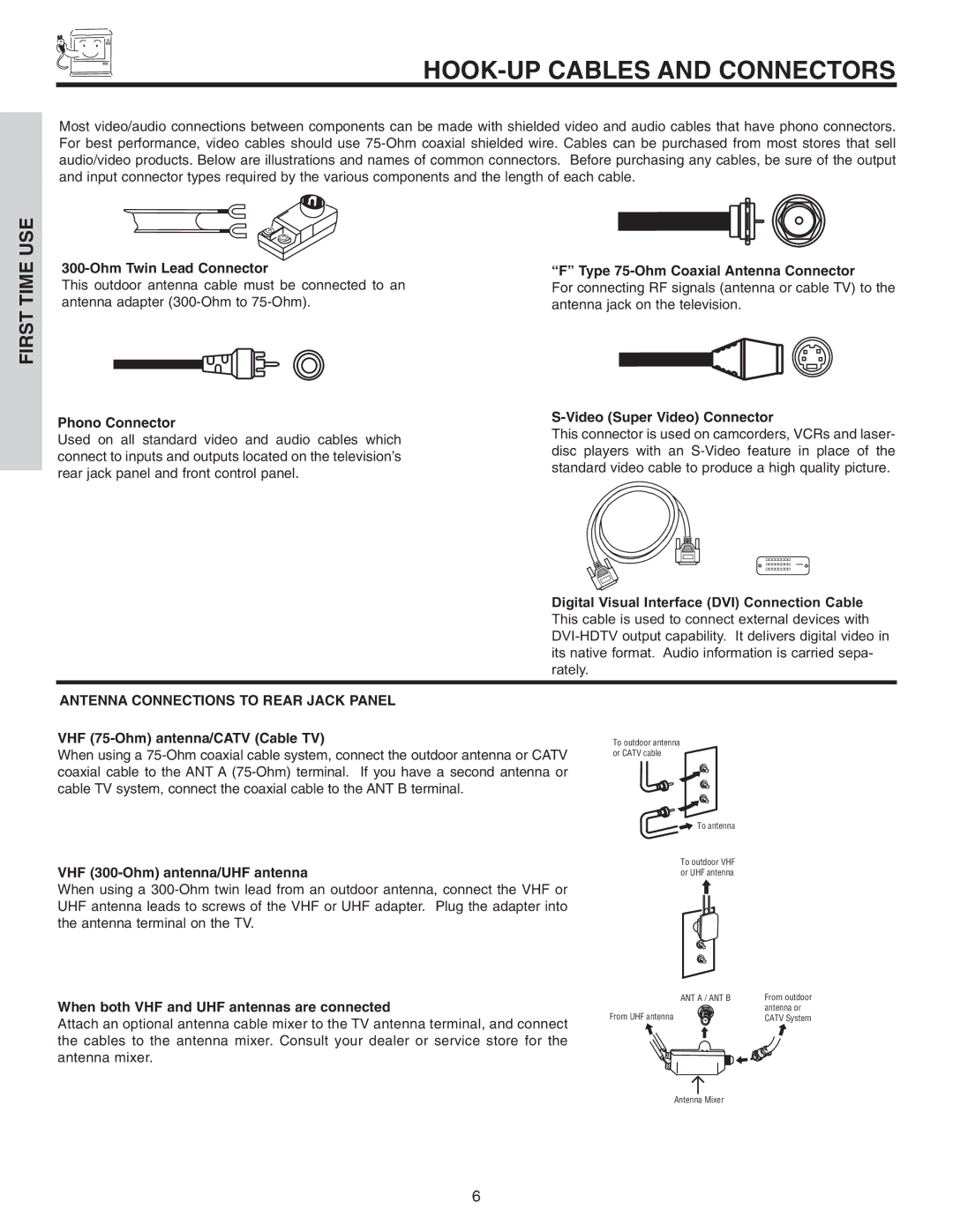 Hitachi 46F510 important safety instructions HOOK-UP Cables and Connectors, Antenna Connections to Rear Jack Panel 