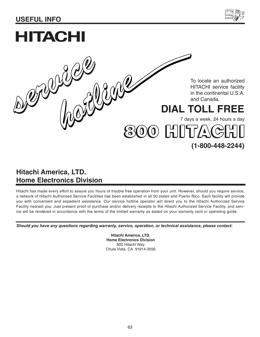 Hitachi 46F510 important safety instructions Dial Toll Free, Home Electronics Division 